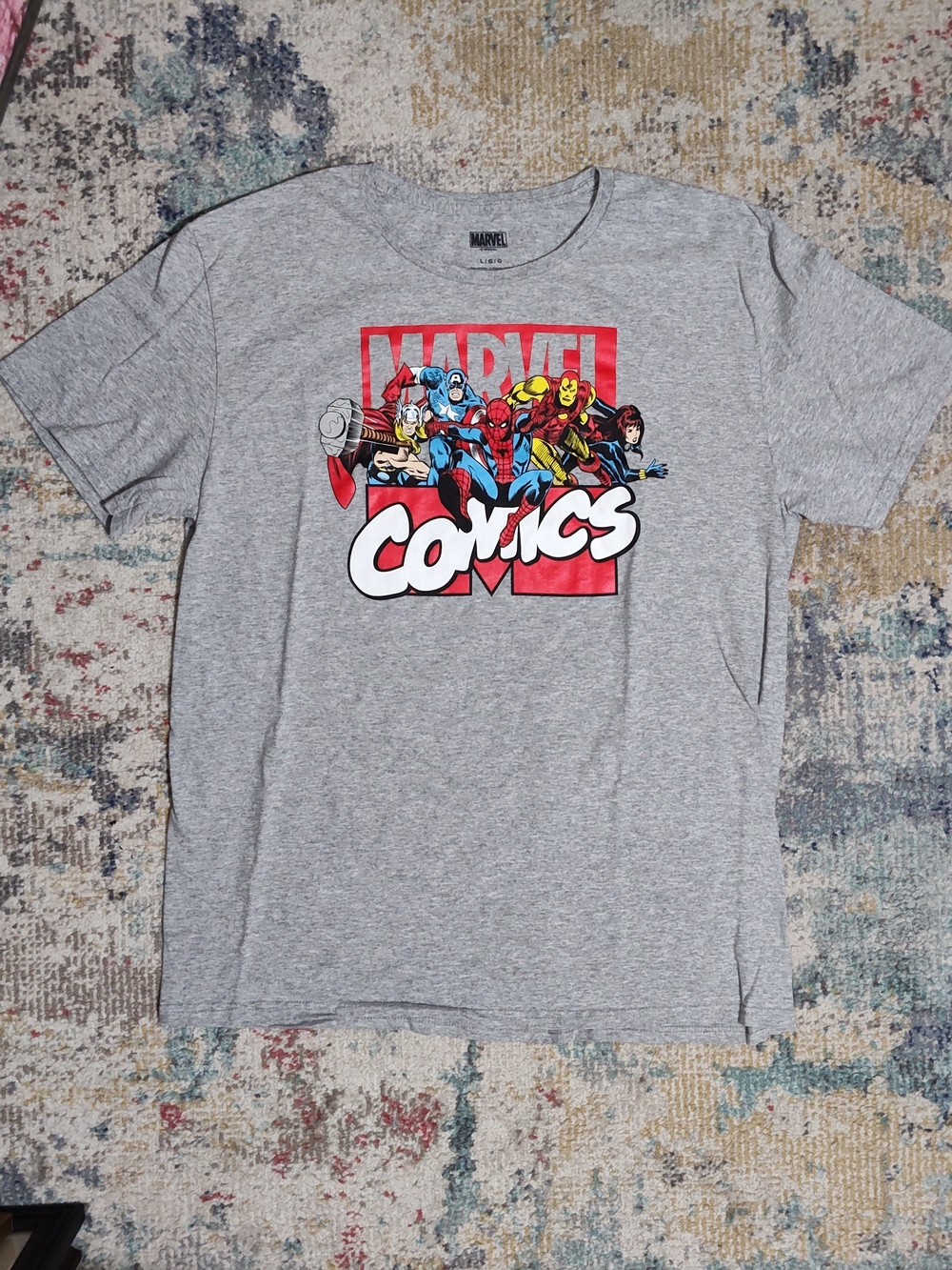 Marvel Grey Graphic Tee with Red, White, Blue, Yellow Accents